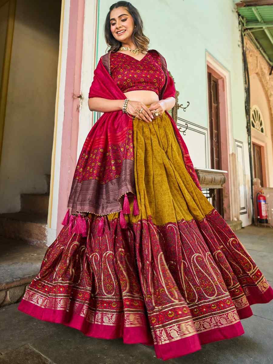 Pink Tussar Silk Printed Festival Mehendi Heavy Border Lehenga Choli