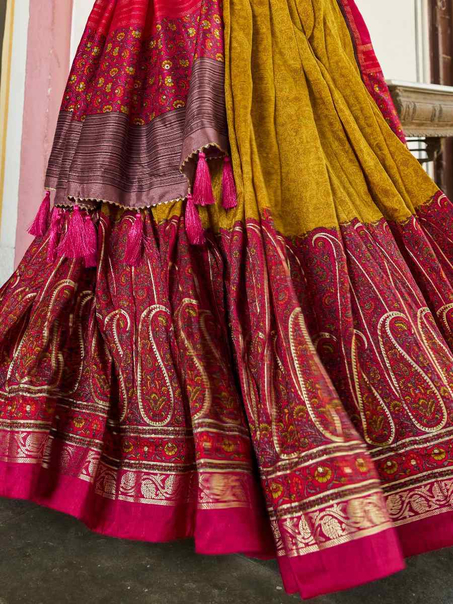 Pink Tussar Silk Printed Festival Mehendi Heavy Border Lehenga Choli