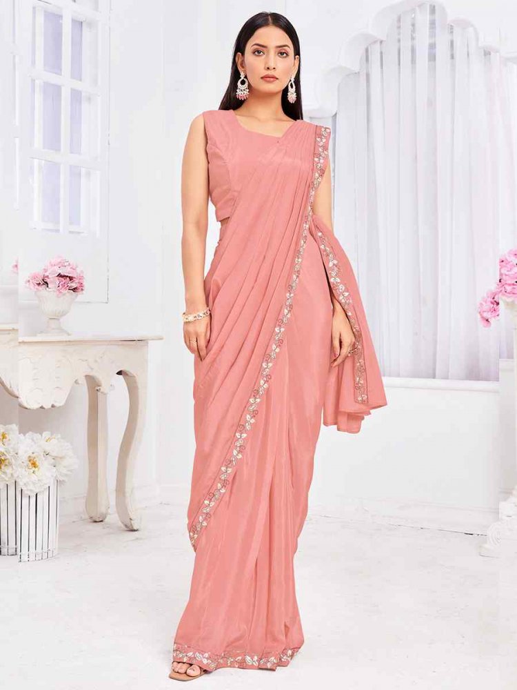 Pink Tusser Silk Embroidered Festival Casual Classic Style Saree