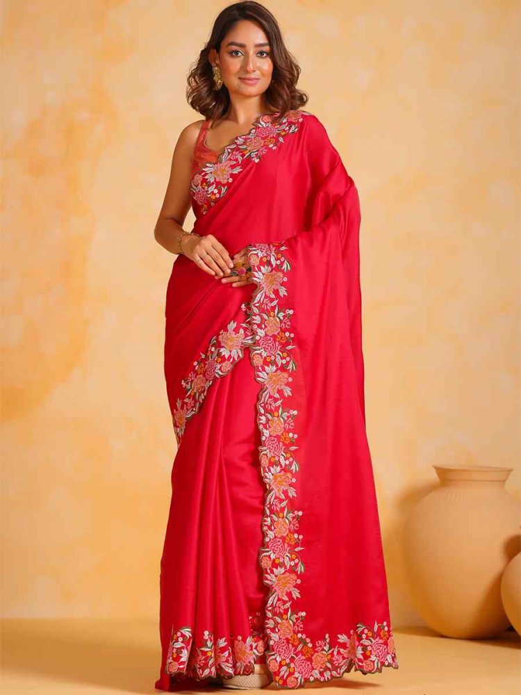 Pink Tusser Silk Embroidered Party Reception Heavy Border Saree