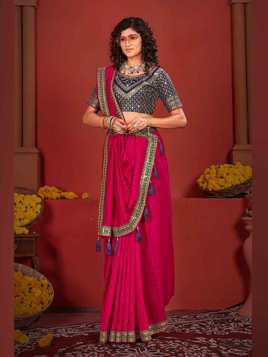 Pink Vichitra Bluming Embroidered Bridesmaid Wedding Heavy Border Saree