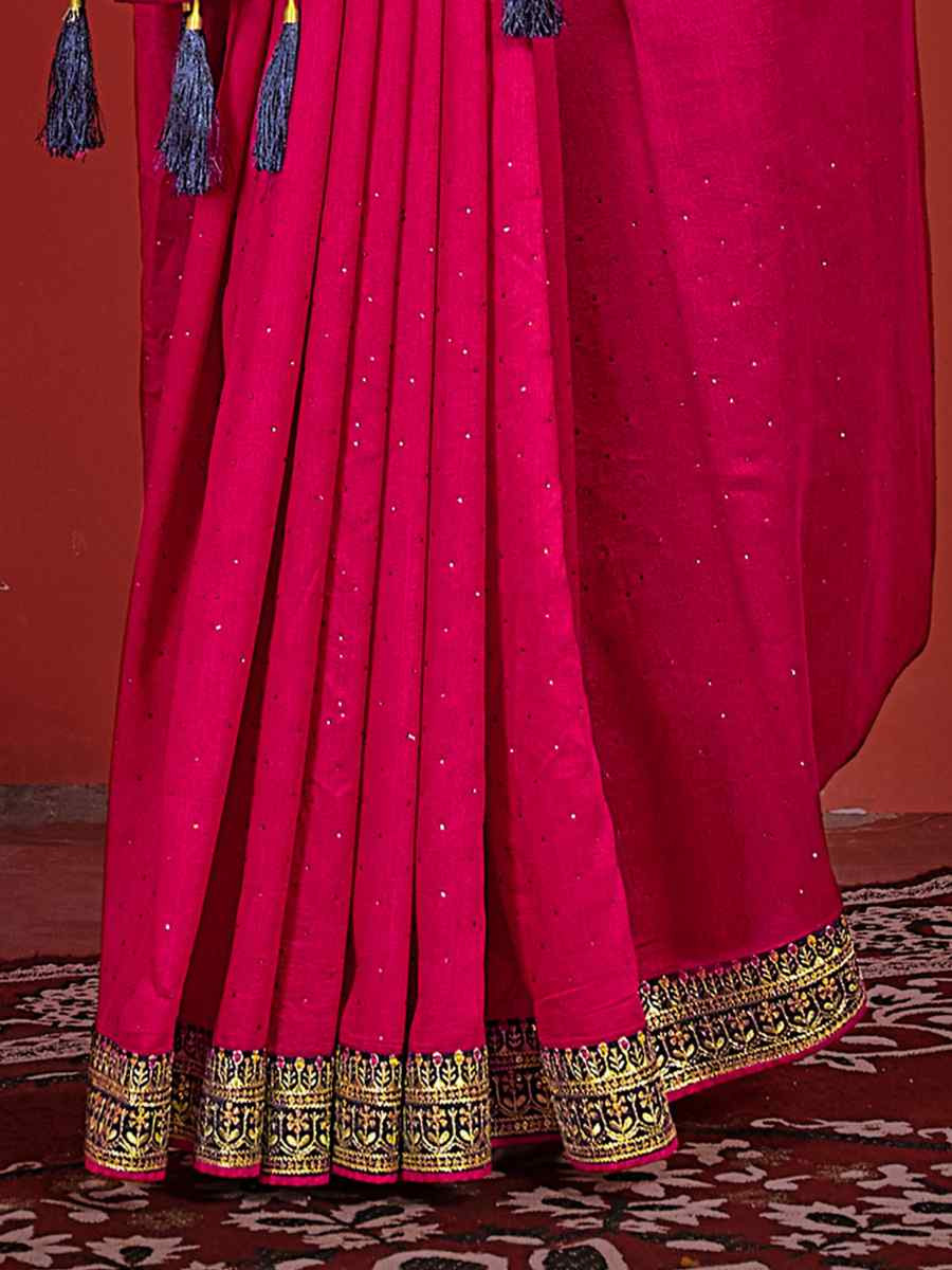 Pink Vichitra Bluming Embroidered Bridesmaid Wedding Heavy Border Saree