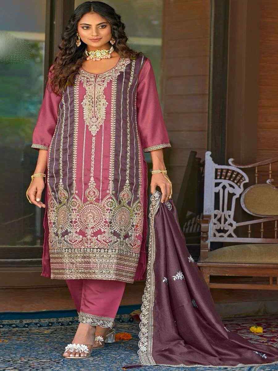 Pink Vichitra Embroidered Festival Party Pant Salwar Kameez