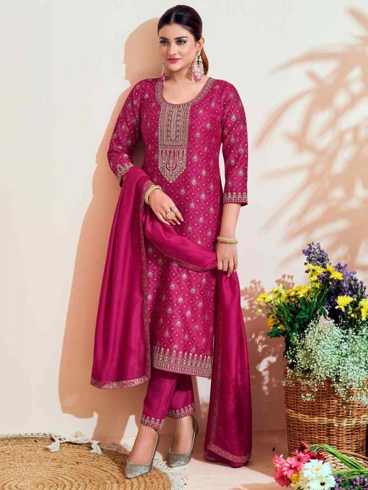 Pink Vichitra Silk Embroidered Festival Mehendi Ready Pant Salwar Kameez