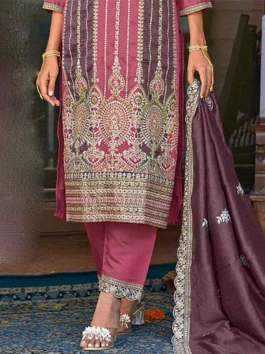 Pink Vichitra Silk Embroidered Festival Wedding Pant Salwar Kameez