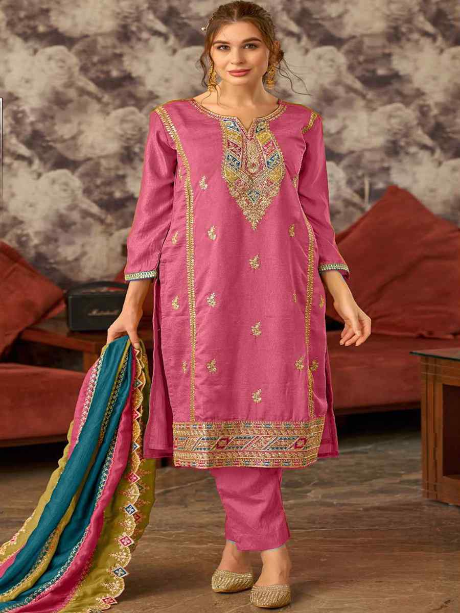 Pink Vichitra Silk Embroidered Festival Wedding Pant Salwar Kameez