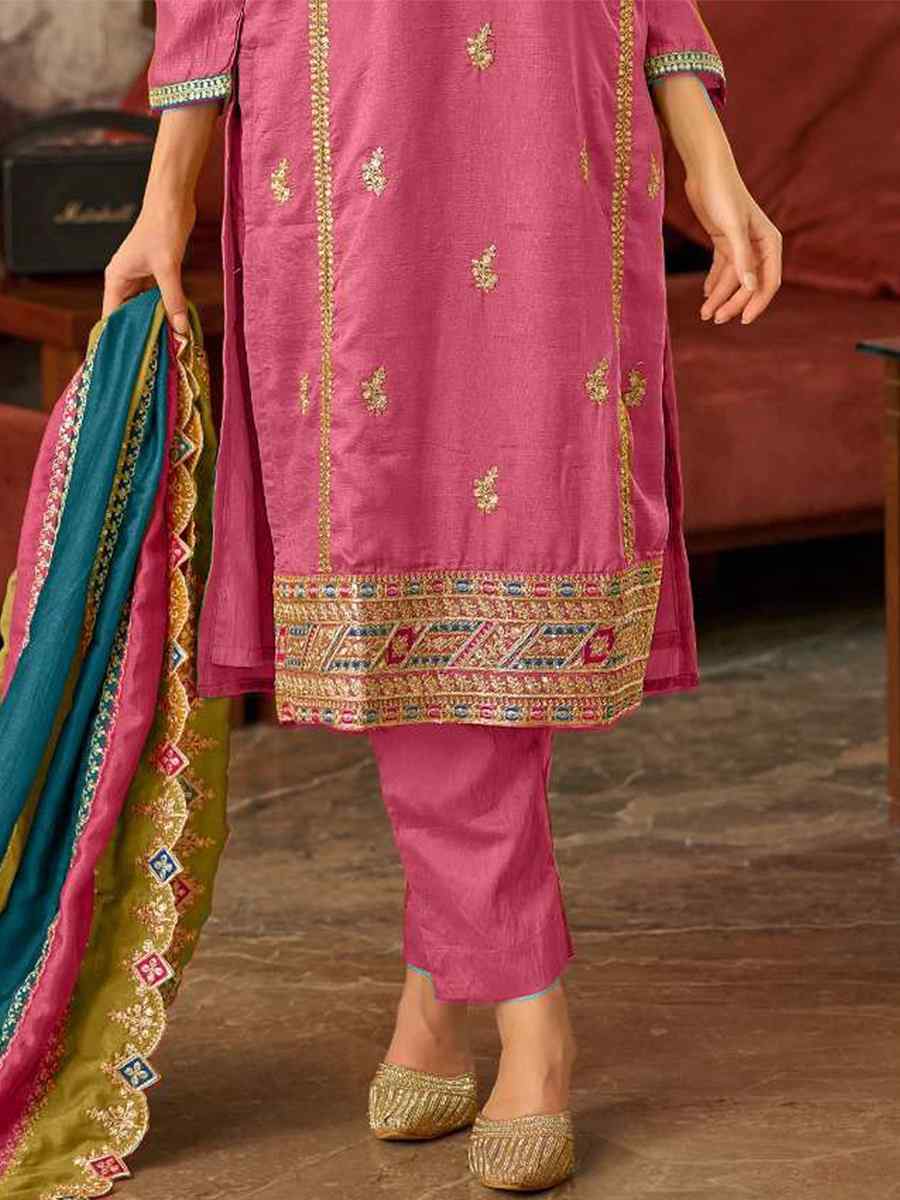 Pink Vichitra Silk Embroidered Festival Wedding Pant Salwar Kameez