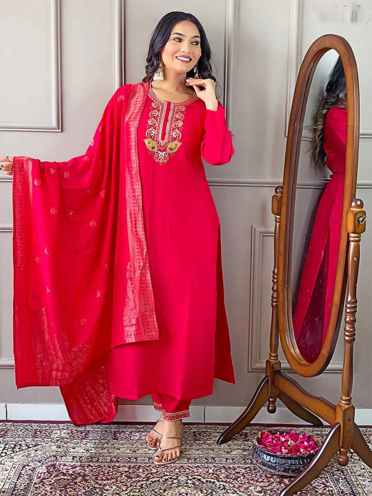 Pink Viscose Chanderi Embroidered Festival Casual Ready Pant Salwar Kameez