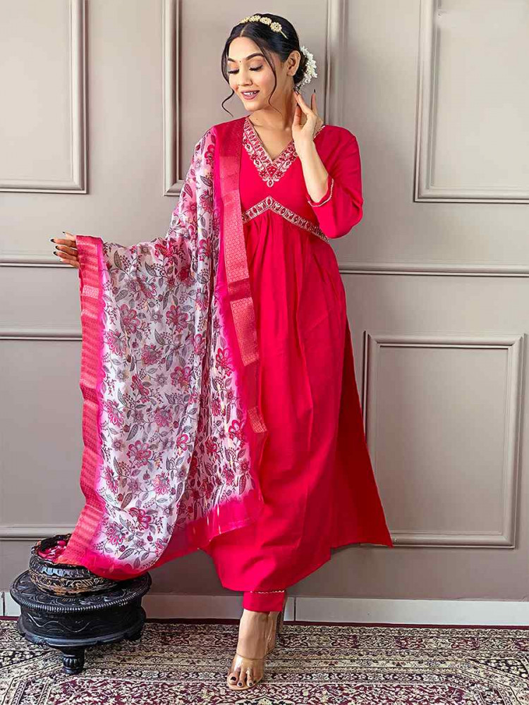 Pink Viscose Chanderi Embroidered Festival Casual Ready Pant Salwar Kameez