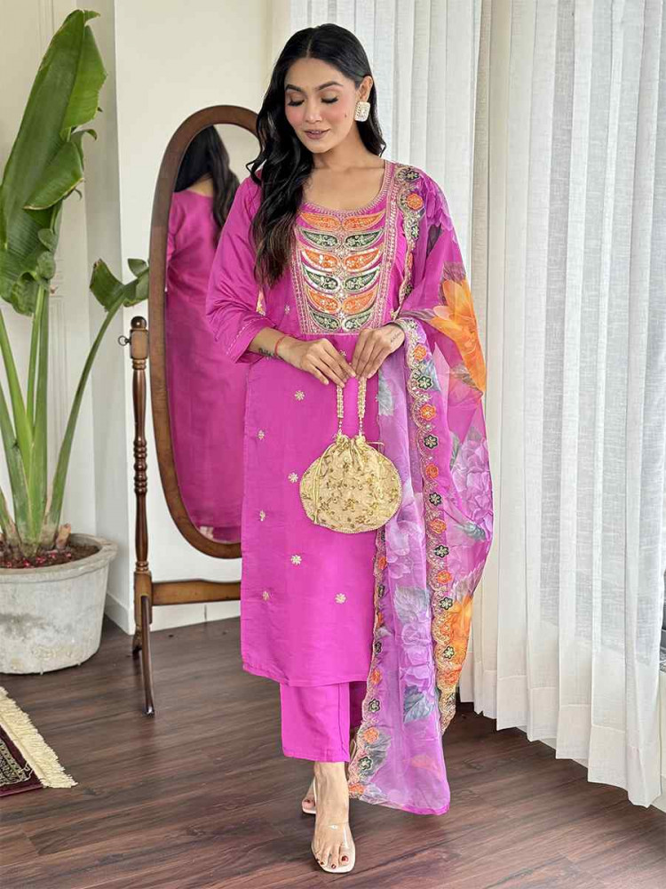 Pink Viscose Chanderi Silk Embroidered Festival Casual Ready Pant Salwar Kameez