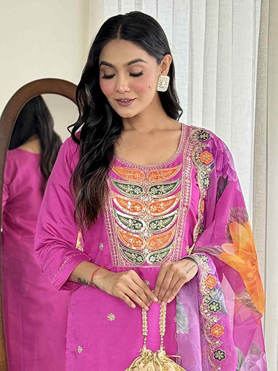 Pink Viscose Chanderi Silk Embroidered Festival Casual Ready Pant Salwar Kameez