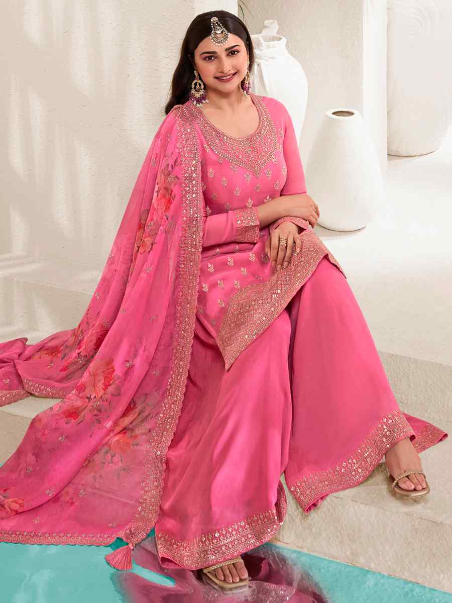 Pink Viscose Chinon Embroidered Festival Wedding Palazzo Pant Salwar Kameez