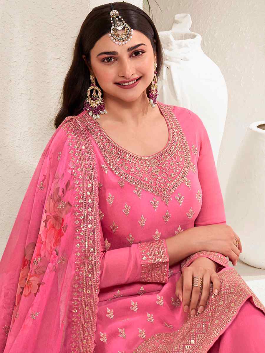 Pink Viscose Chinon Embroidered Festival Wedding Palazzo Pant Salwar Kameez