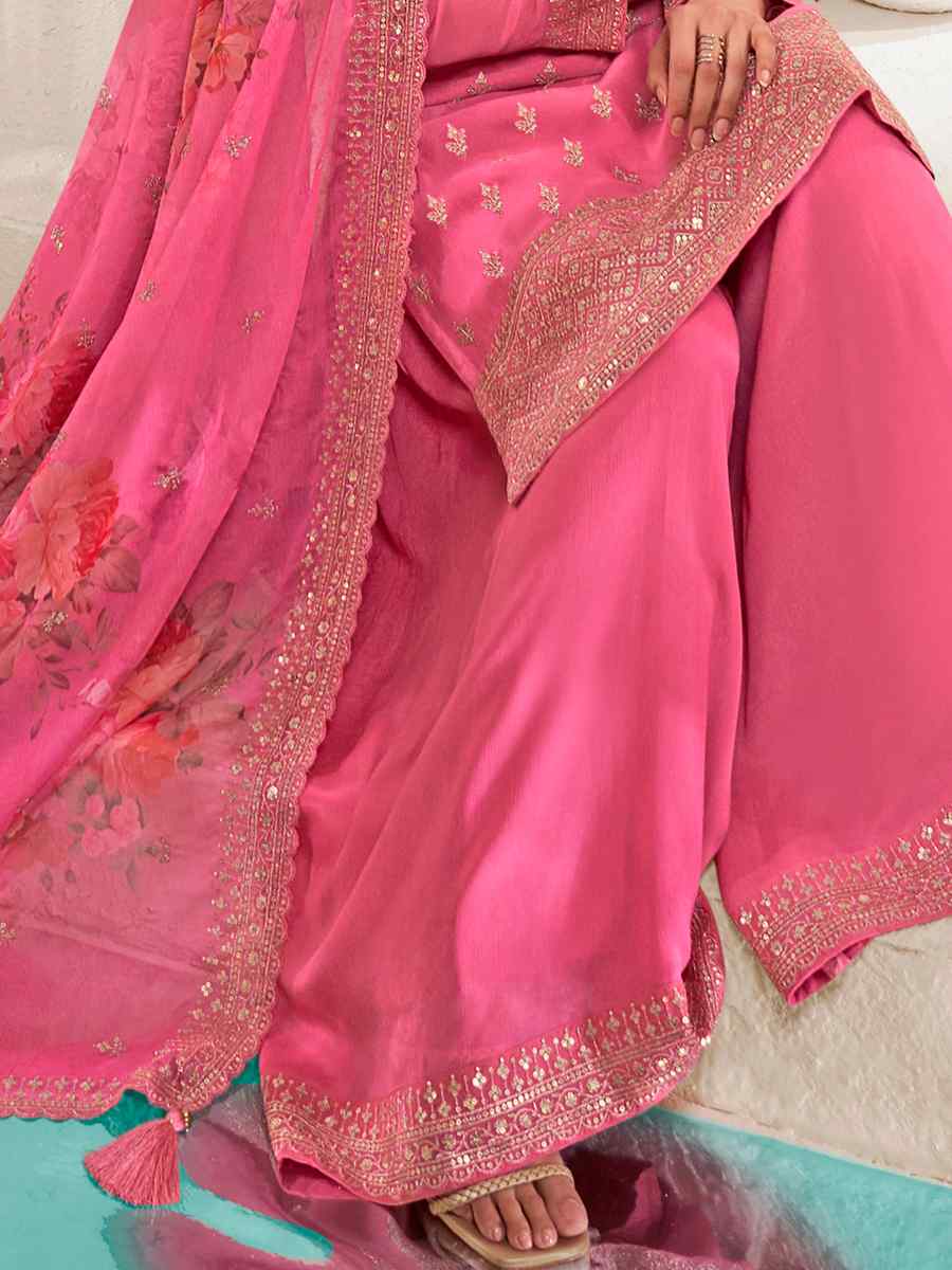 Pink Viscose Chinon Embroidered Festival Wedding Palazzo Pant Salwar Kameez