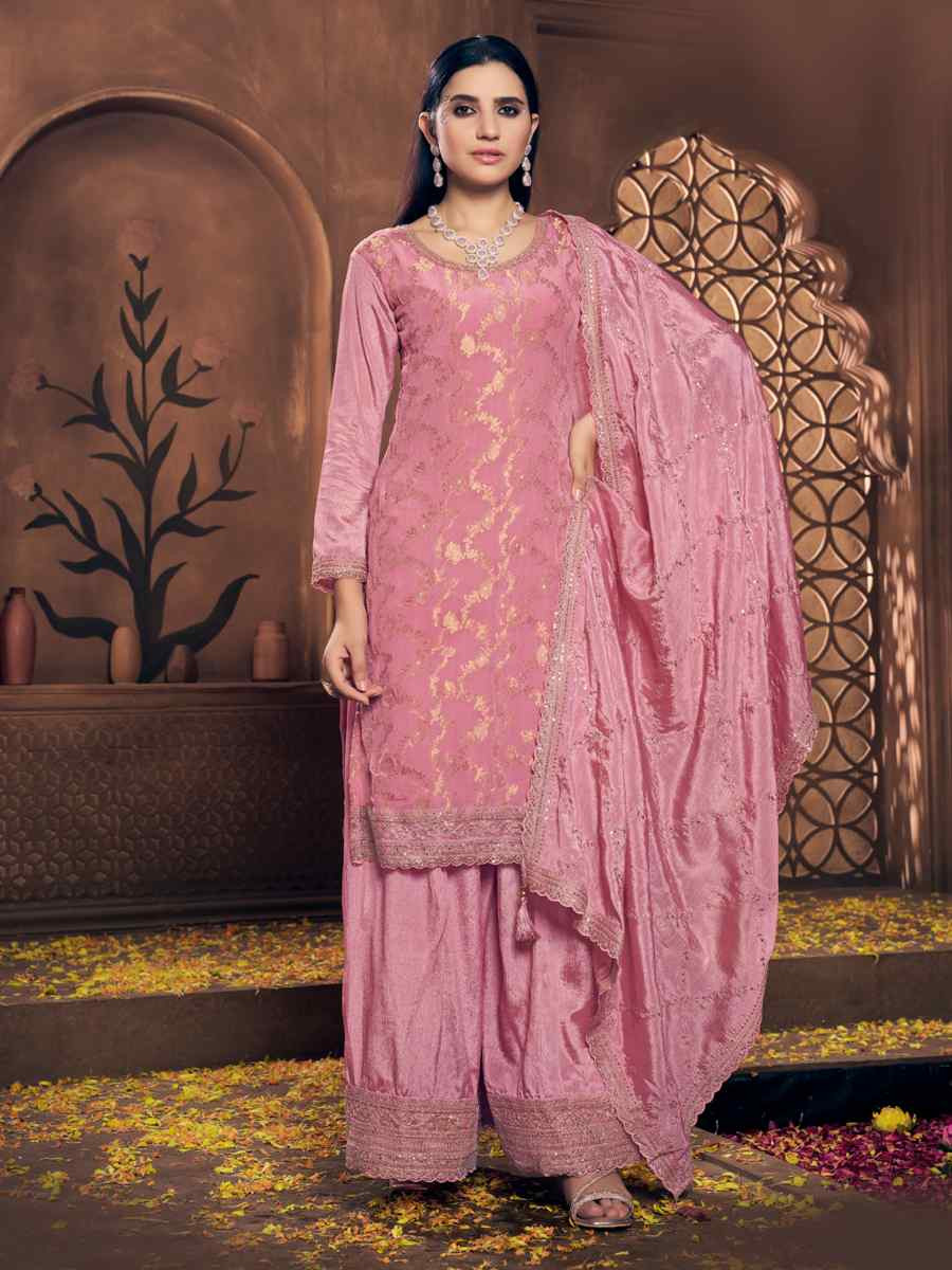 Pink Viscose Chinon Embroidered Festival Wedding Palazzo Pant Salwar Kameez