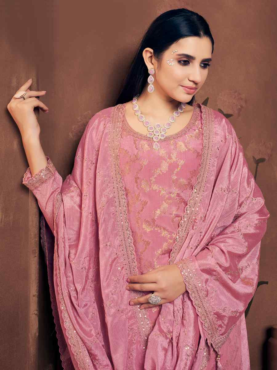 Pink Viscose Chinon Embroidered Festival Wedding Palazzo Pant Salwar Kameez