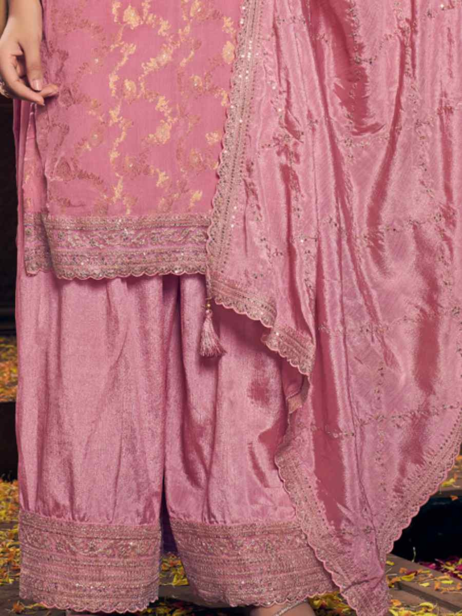 Pink Viscose Chinon Embroidered Festival Wedding Palazzo Pant Salwar Kameez