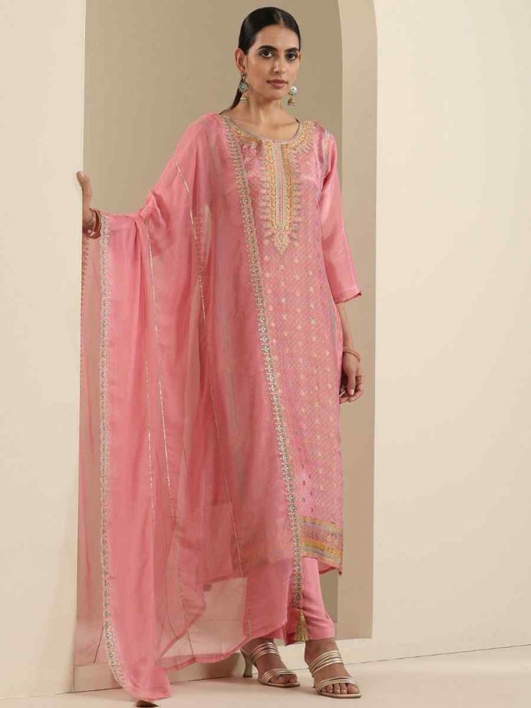 Pink Viscose Jacquard Embroidered Festival Mehendi Ready Pant Salwar Kameez