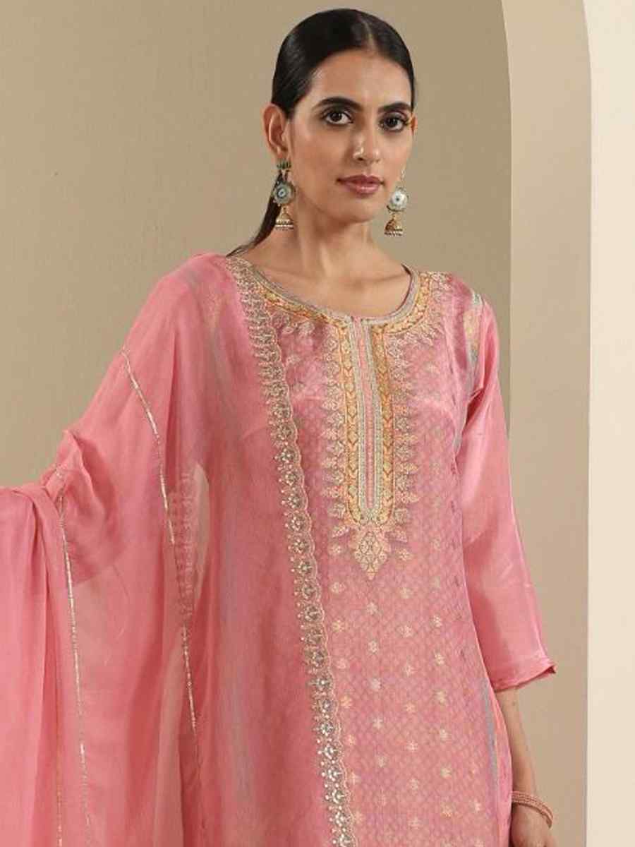 Pink Viscose Jacquard Embroidered Festival Mehendi Ready Pant Salwar Kameez