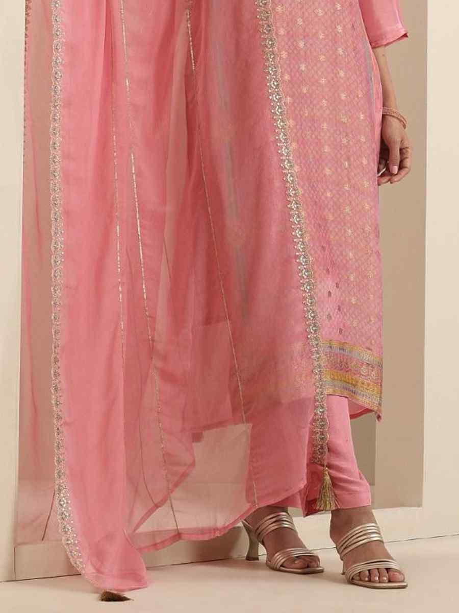 Pink Viscose Jacquard Embroidered Festival Mehendi Ready Pant Salwar Kameez