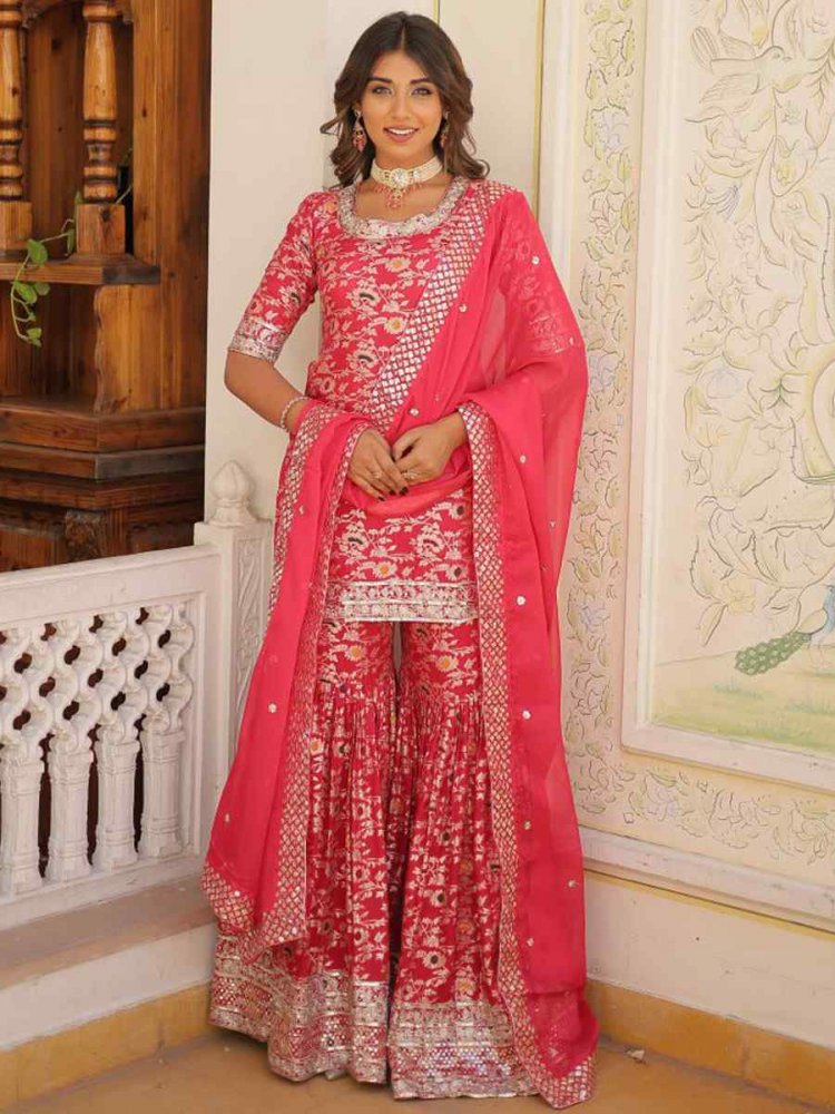 Pink Viscose Jacquard Embroidered Festival Party Ready Sharara Pant Salwar Kameez