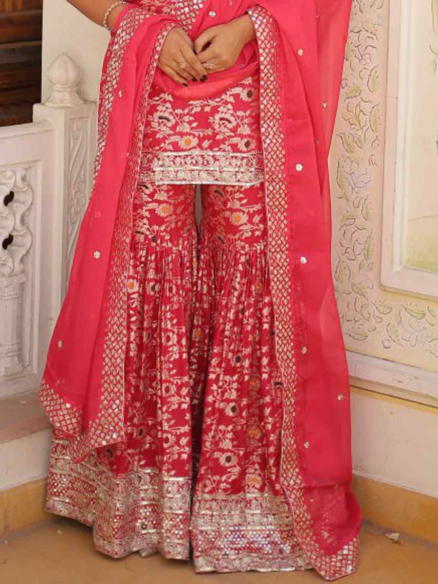 Pink Viscose Jacquard Embroidered Festival Party Ready Sharara Pant Salwar Kameez