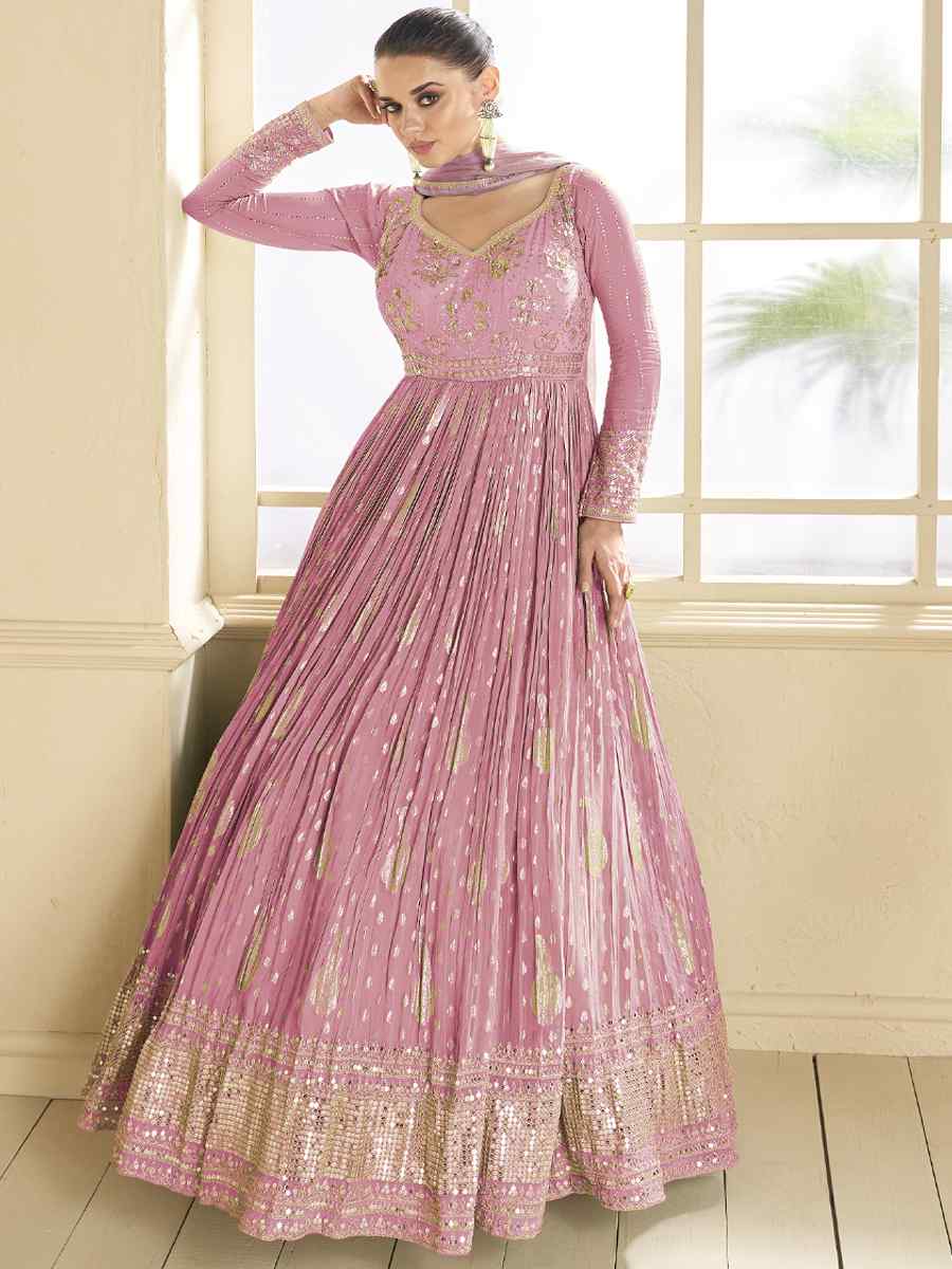 Pink Viscose Jacquard Embroidered Festival Wedding Anarkali Salwar Kameez