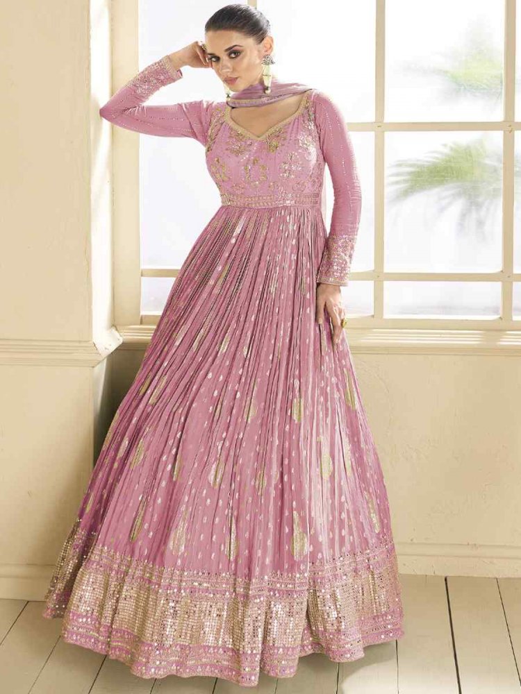 Pink Viscose Jacquard Embroidered Festival Wedding Anarkali Salwar Kameez