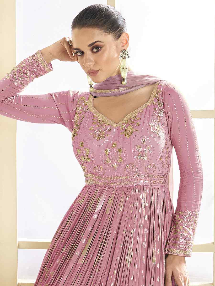 Pink Viscose Jacquard Embroidered Festival Wedding Anarkali Salwar Kameez