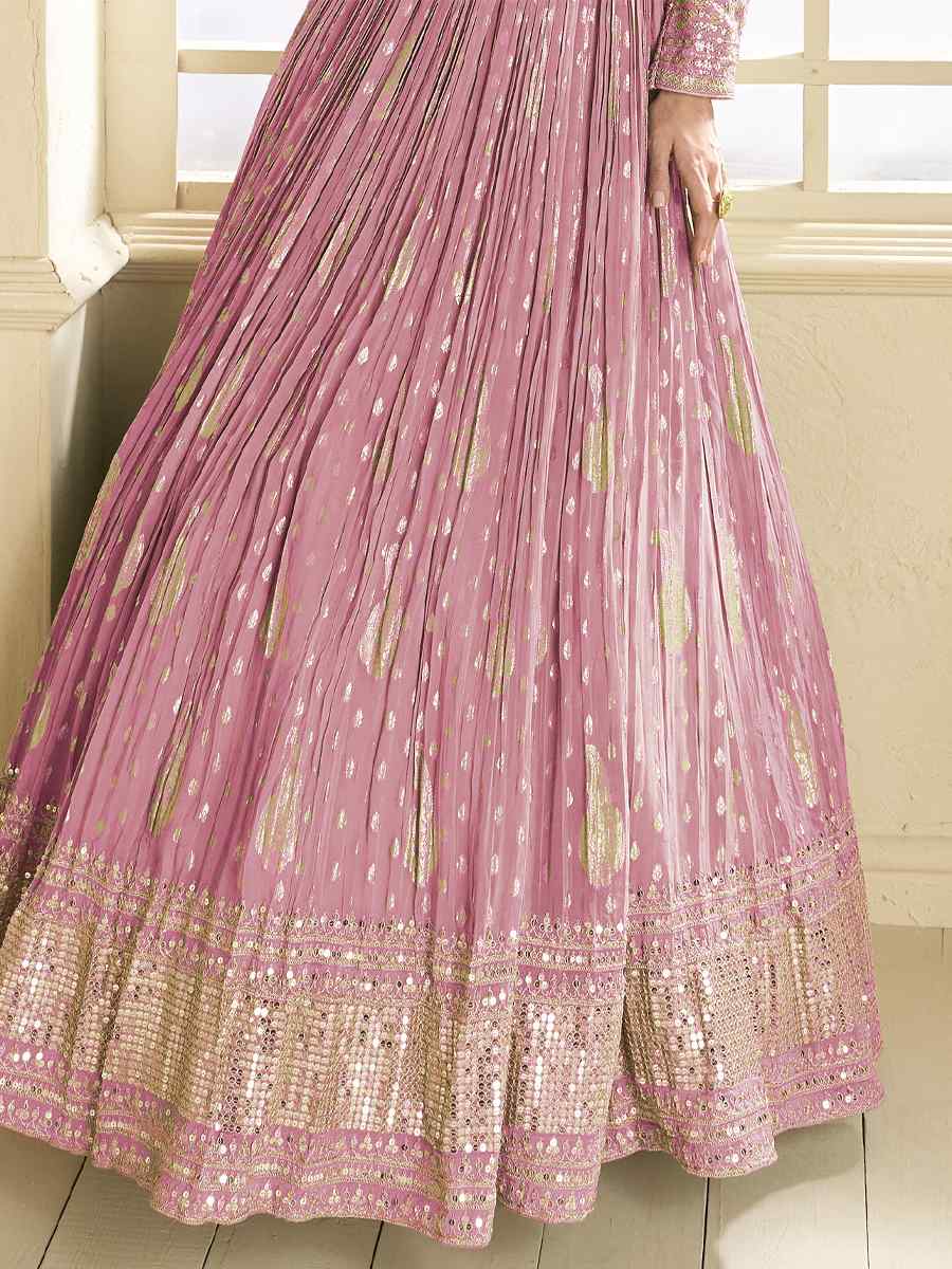 Pink Viscose Jacquard Embroidered Festival Wedding Anarkali Salwar Kameez