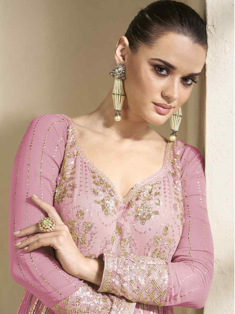 Pink Viscose Jacquard Embroidered Festival Wedding Anarkali Salwar Kameez