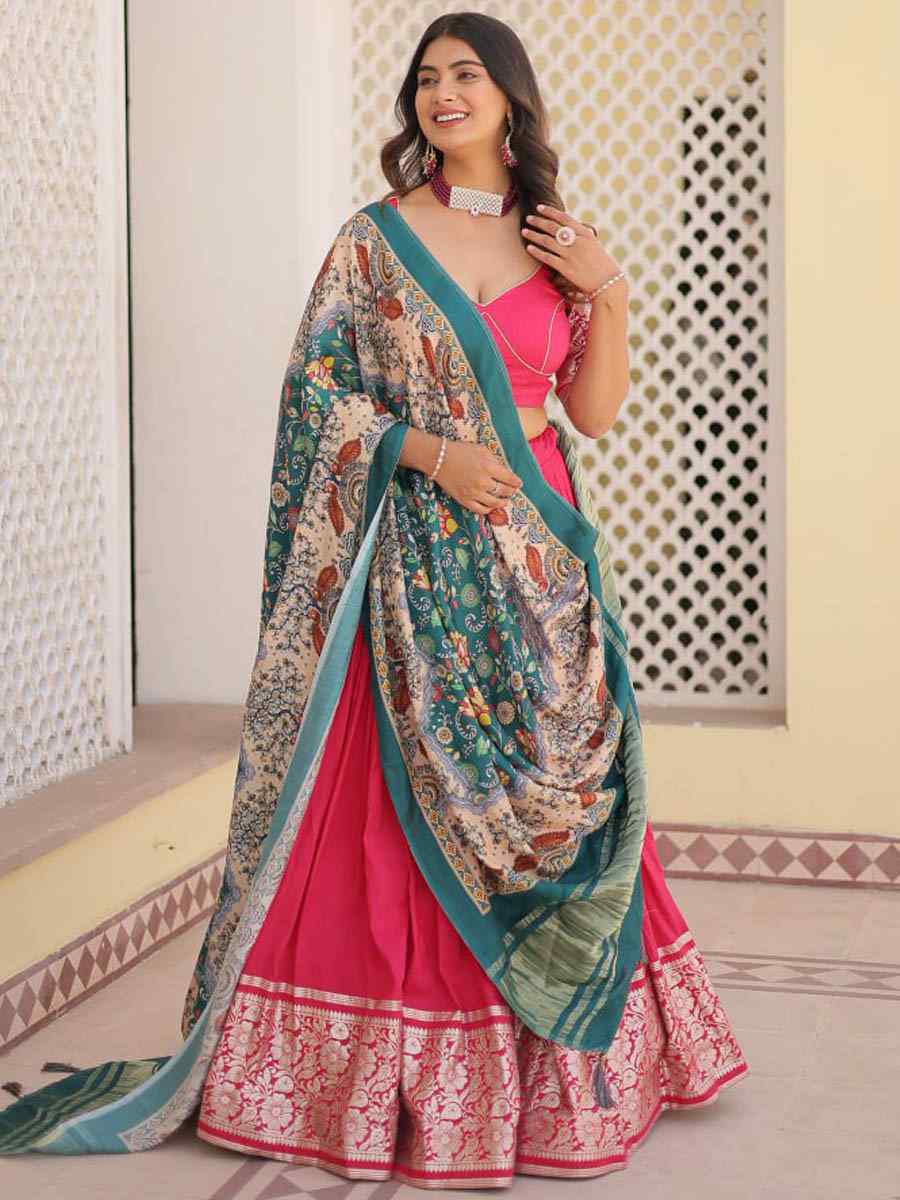 Pink Viscose Jacquard Printed Festival Mehendi Contemporary Lehenga Choli