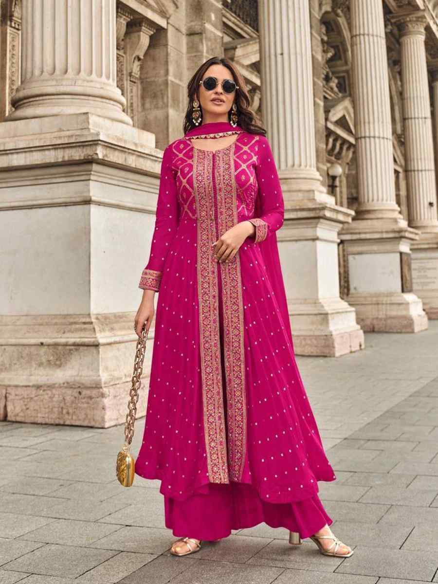 Pink Viscose Muslin Jacquard Embroidered Festival Casual Palazzo Pant Salwar Kameez