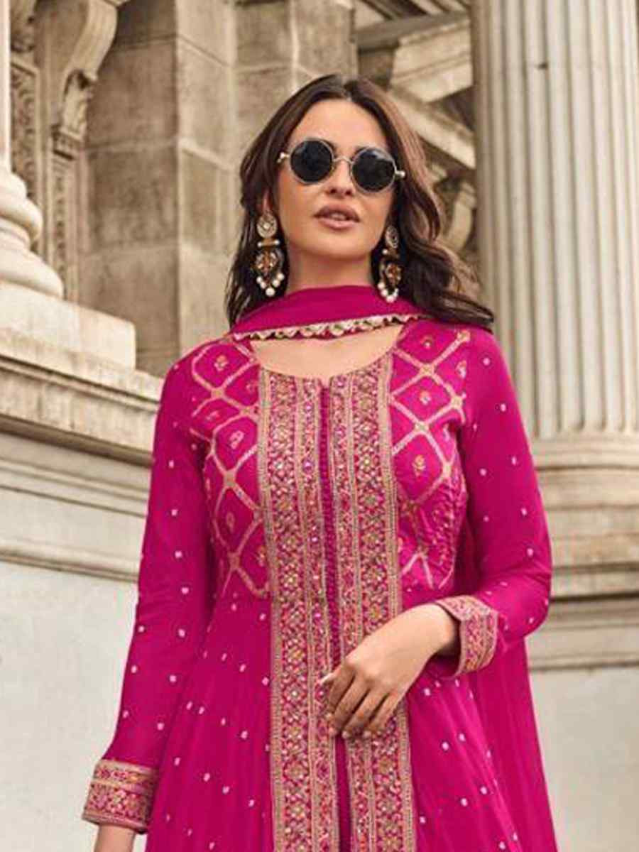 Pink Viscose Muslin Jacquard Embroidered Festival Casual Palazzo Pant Salwar Kameez