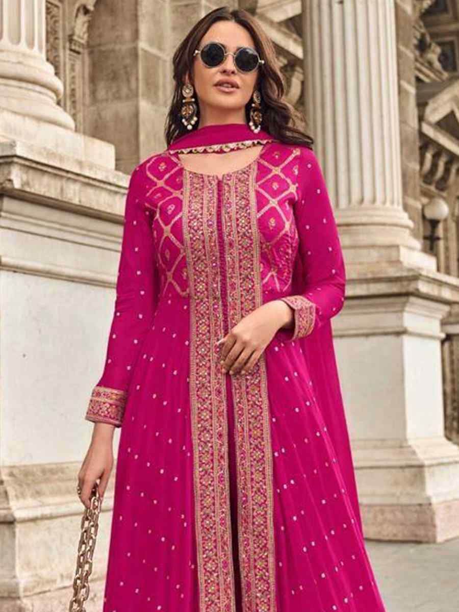 Pink Viscose Muslin Jacquard Embroidered Festival Casual Palazzo Pant Salwar Kameez