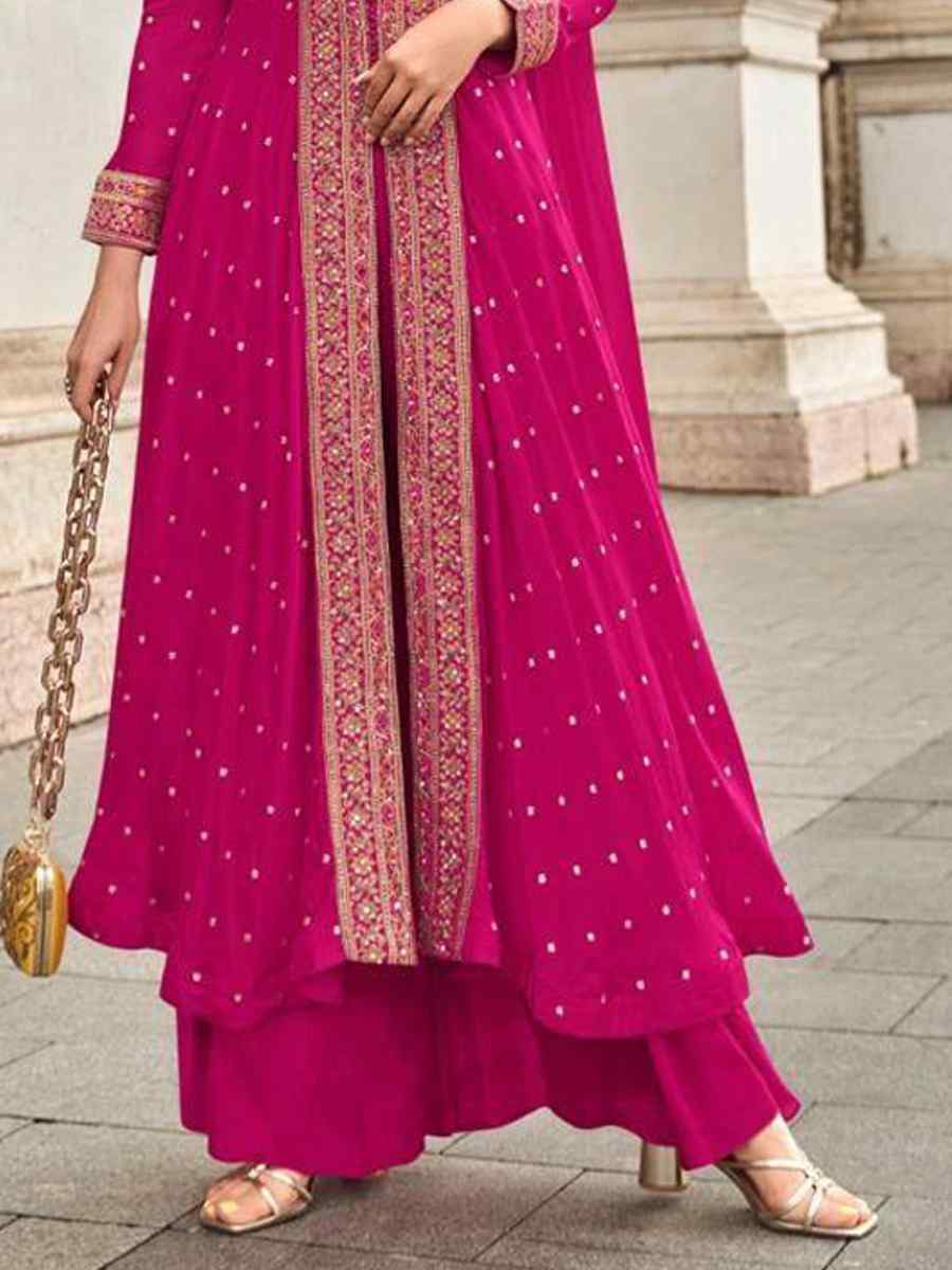 Pink Viscose Muslin Jacquard Embroidered Festival Casual Palazzo Pant Salwar Kameez