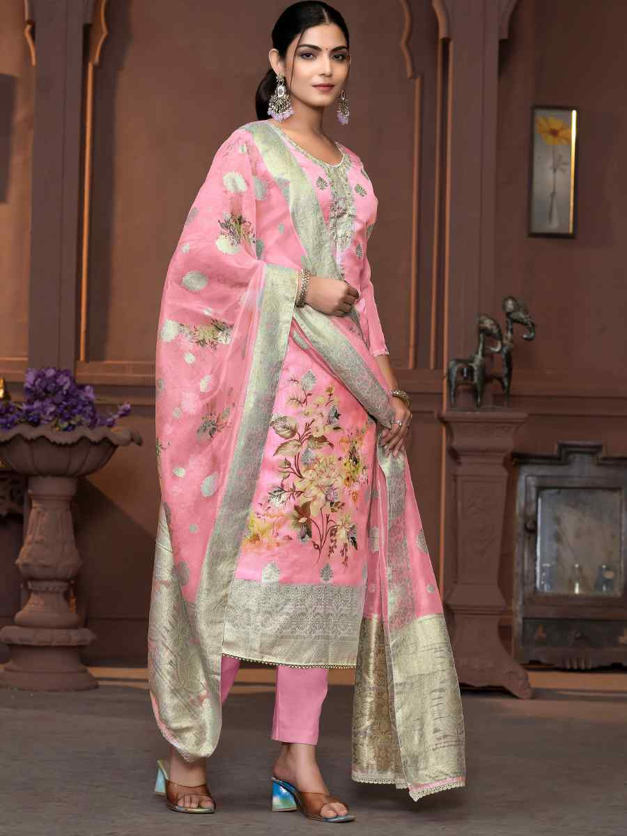 Pink Viscose Organza Embroidered Casual Festival Pant Salwar Kameez