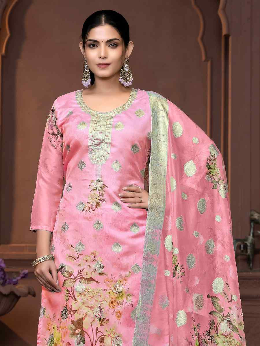 Pink Viscose Organza Embroidered Casual Festival Pant Salwar Kameez