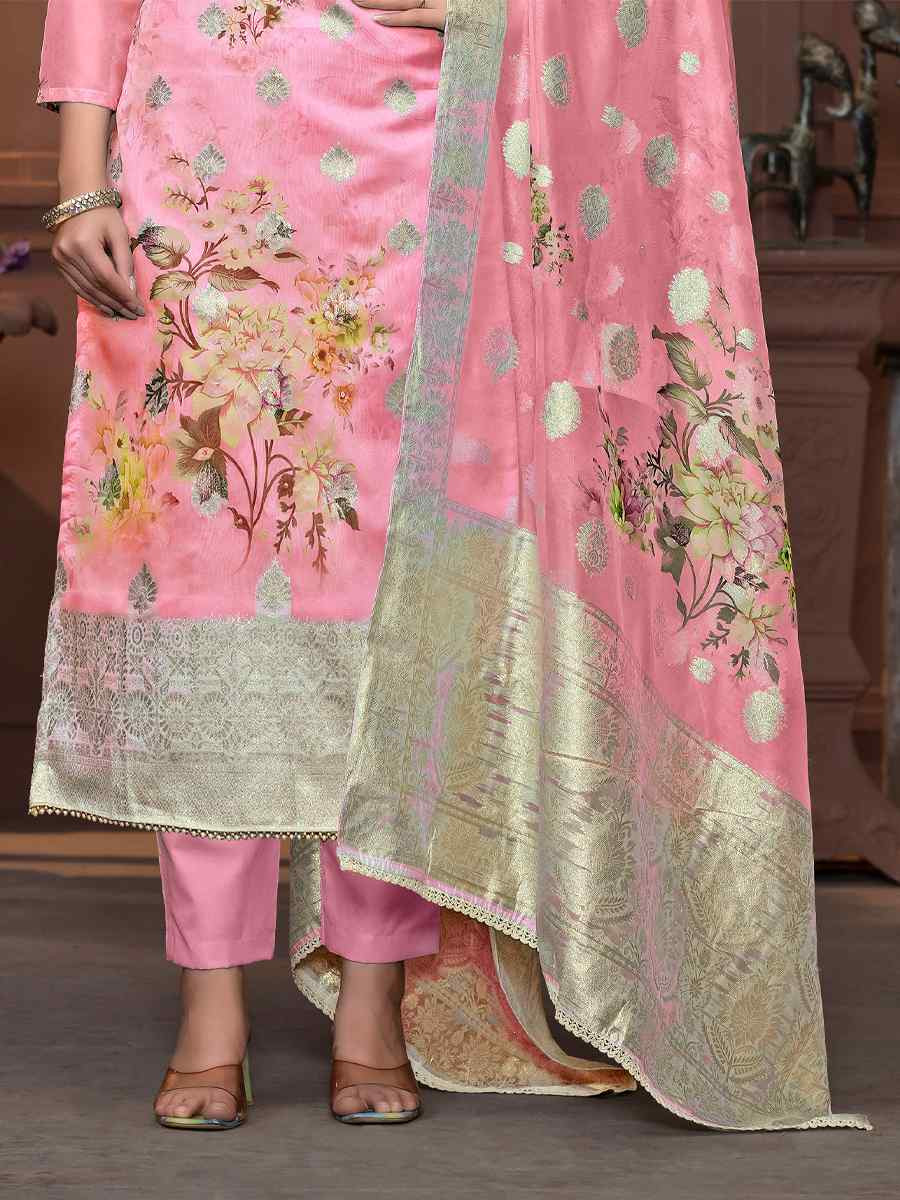 Pink Viscose Organza Embroidered Casual Festival Pant Salwar Kameez