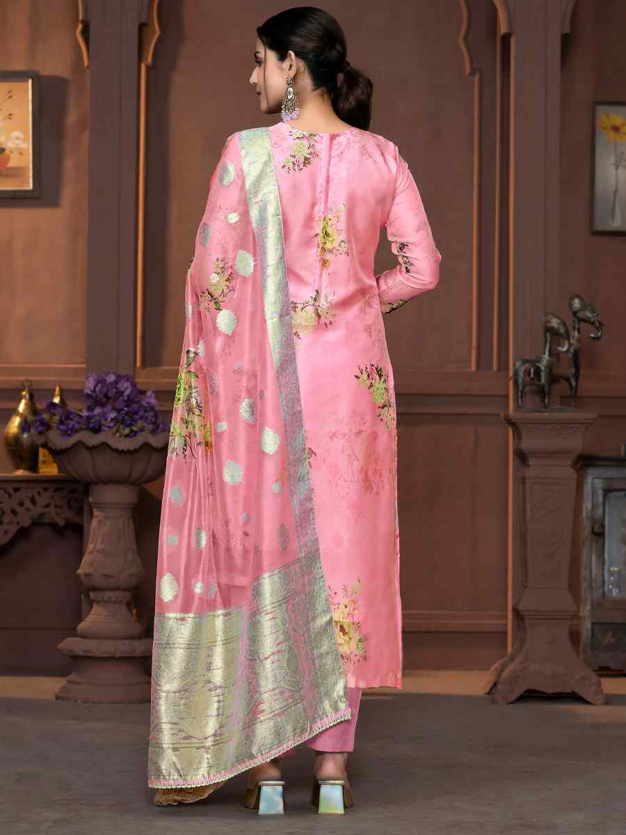 Pink Viscose Organza Embroidered Casual Festival Pant Salwar Kameez