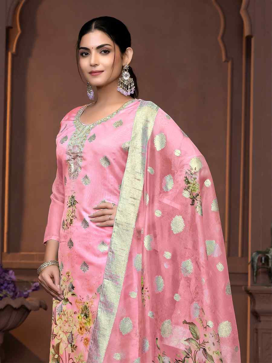 Pink Viscose Organza Embroidered Casual Festival Pant Salwar Kameez