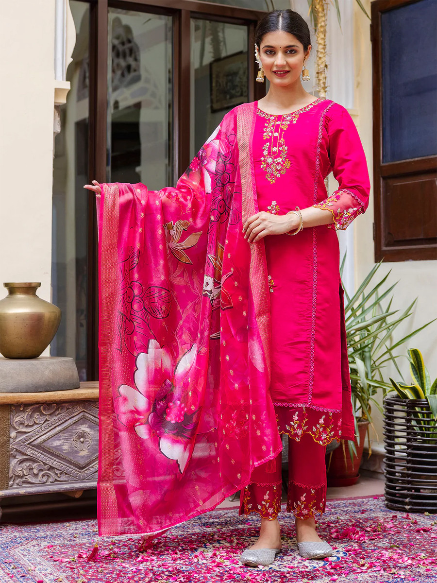 Pink Viscose Roman Silk Embroidered Festival Party Ready Pant Salwar Kameez