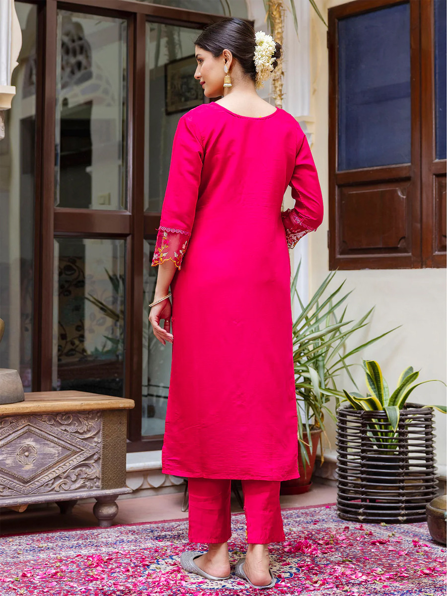 Pink Viscose Roman Silk Embroidered Festival Party Ready Pant Salwar Kameez