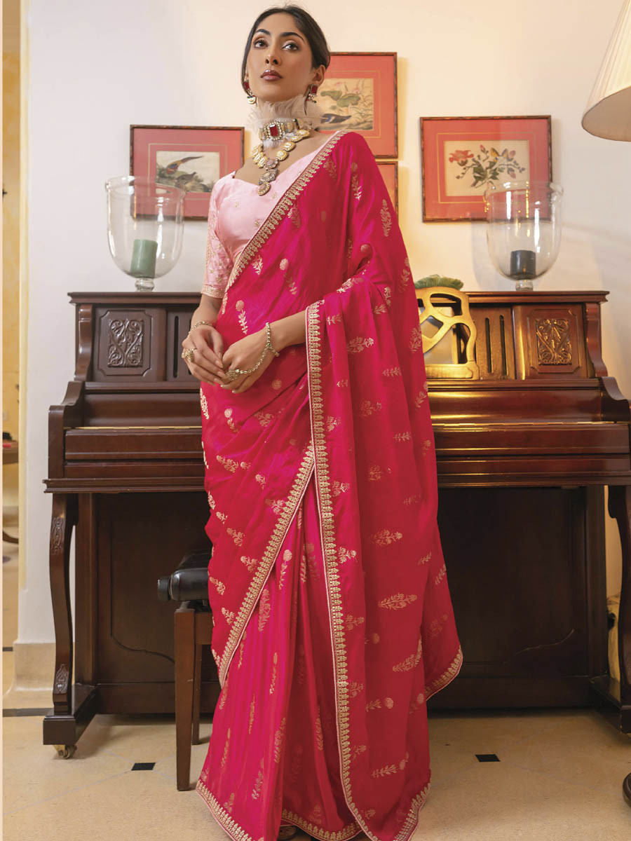 Pink Viscose Satin Silk Embroidery Festival Casual Classic Style Saree