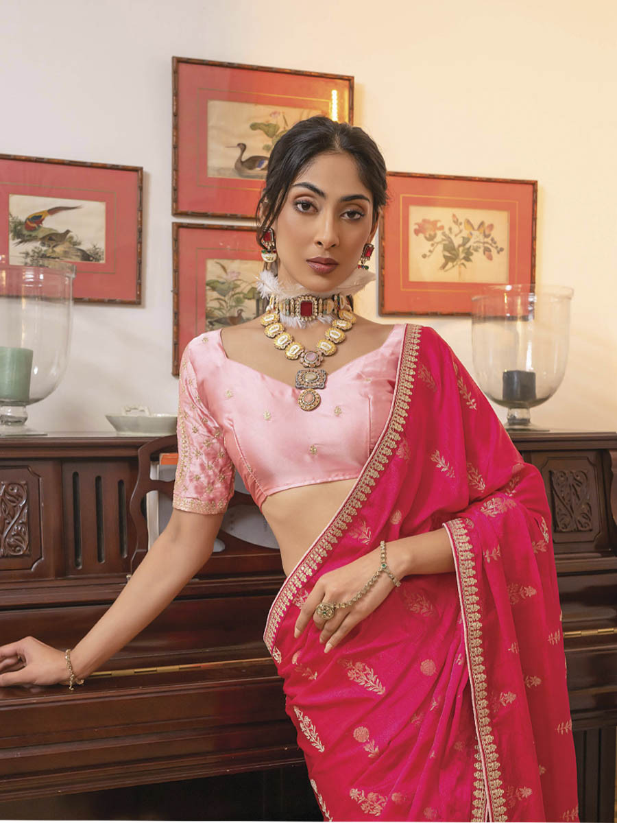 Pink Viscose Satin Silk Embroidery Festival Casual Classic Style Saree