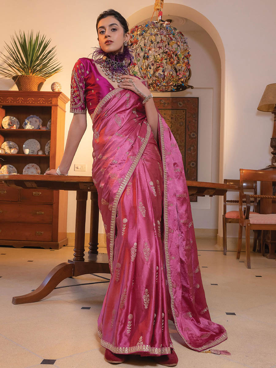 Pink Viscose Satin Silk Embroidery Festival Casual Classic Style Saree