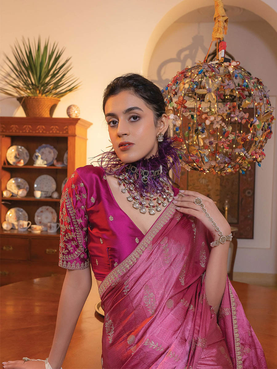 Pink Viscose Satin Silk Embroidery Festival Casual Classic Style Saree