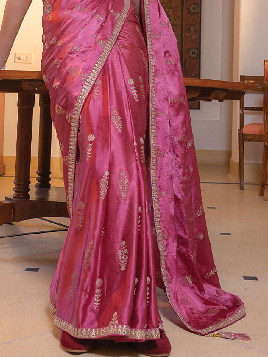 Pink Viscose Satin Silk Embroidery Festival Casual Classic Style Saree