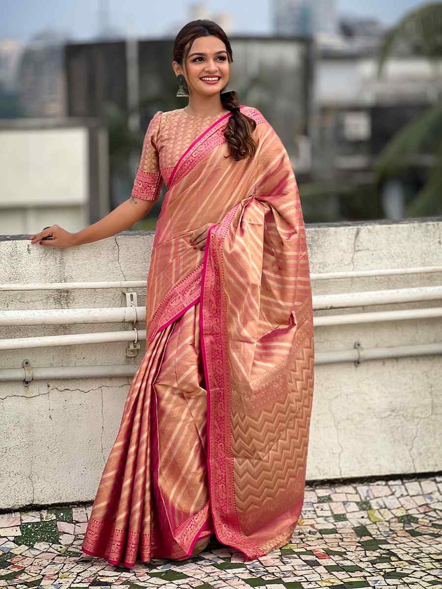 Pink Zari Tissue Handwoven Festival Casual Heavy Border Saree