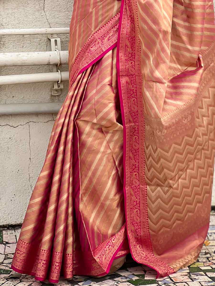 Pink Zari Tissue Handwoven Festival Casual Heavy Border Saree